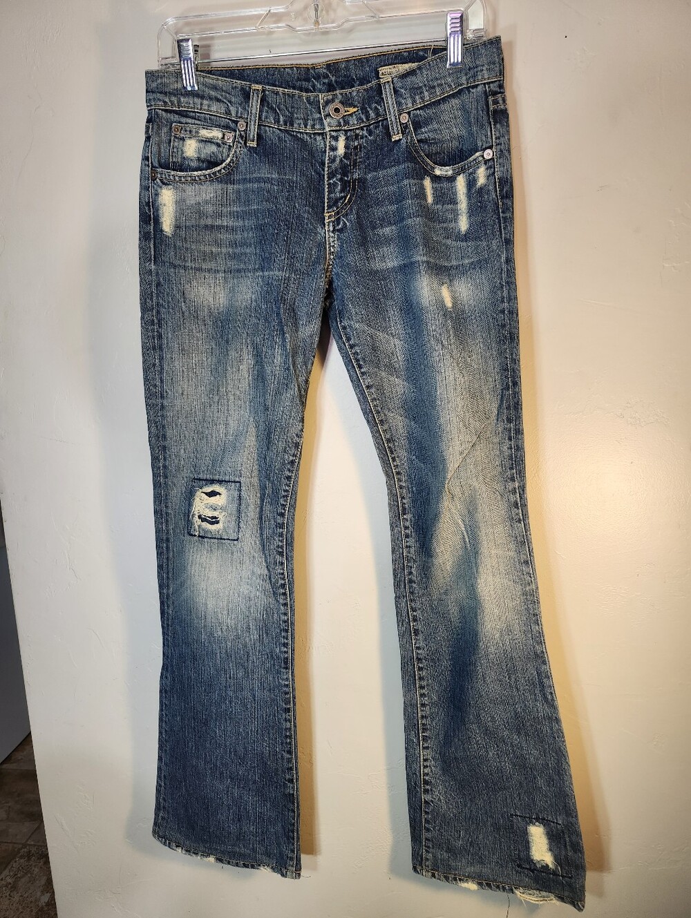 Chip & Pepper Distressed Flare Jeans in Washed Blue
